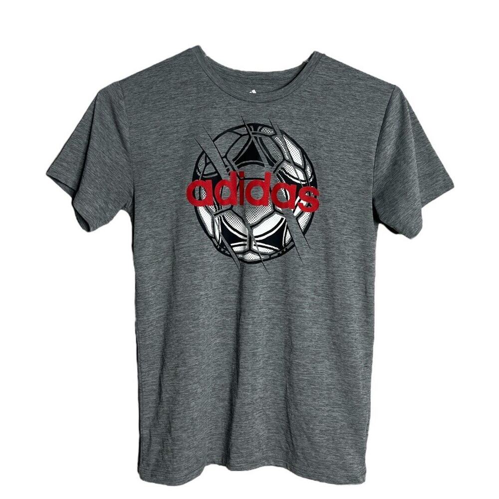 Adidas Shirt Boy Large Gray Red Soccer Ball Graphic Sports Streetwear Sportswear